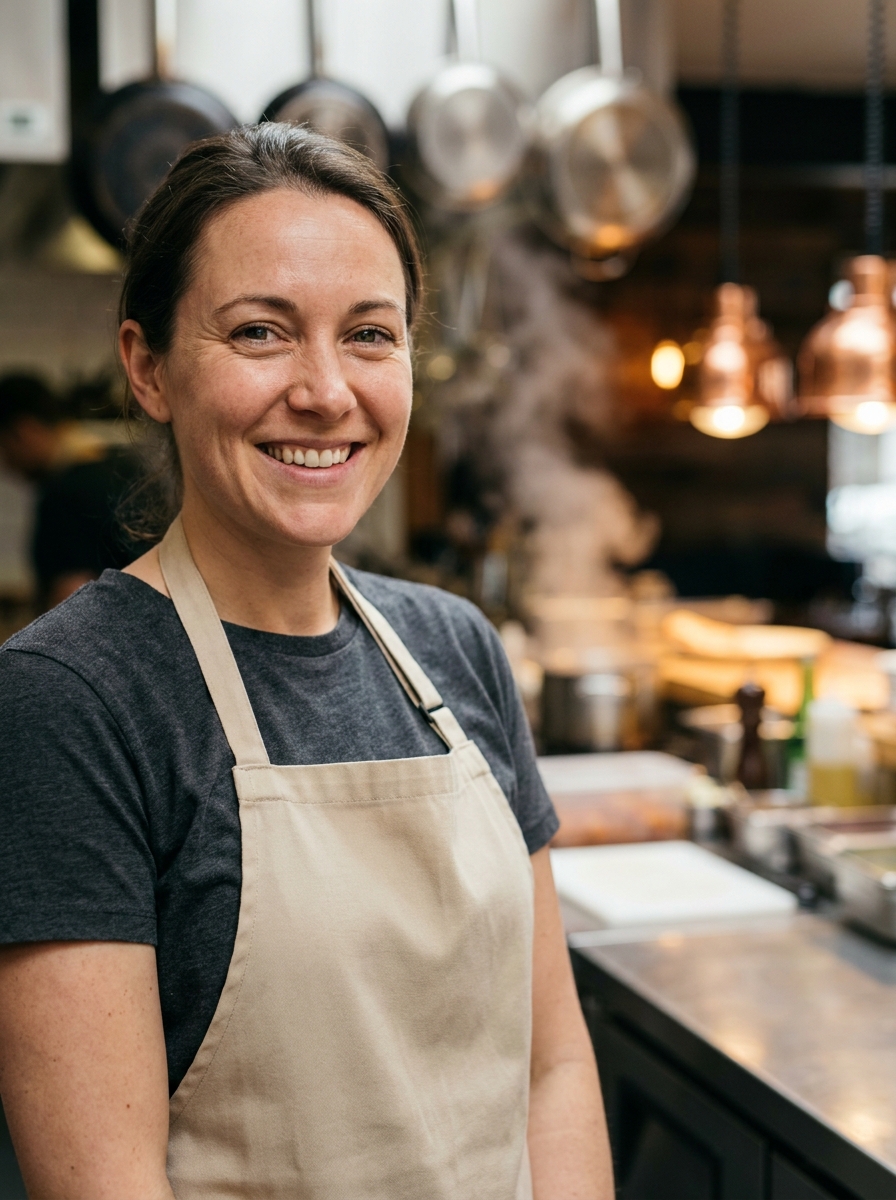 Independent restaurant owner smiling in his neighborhood kitchen