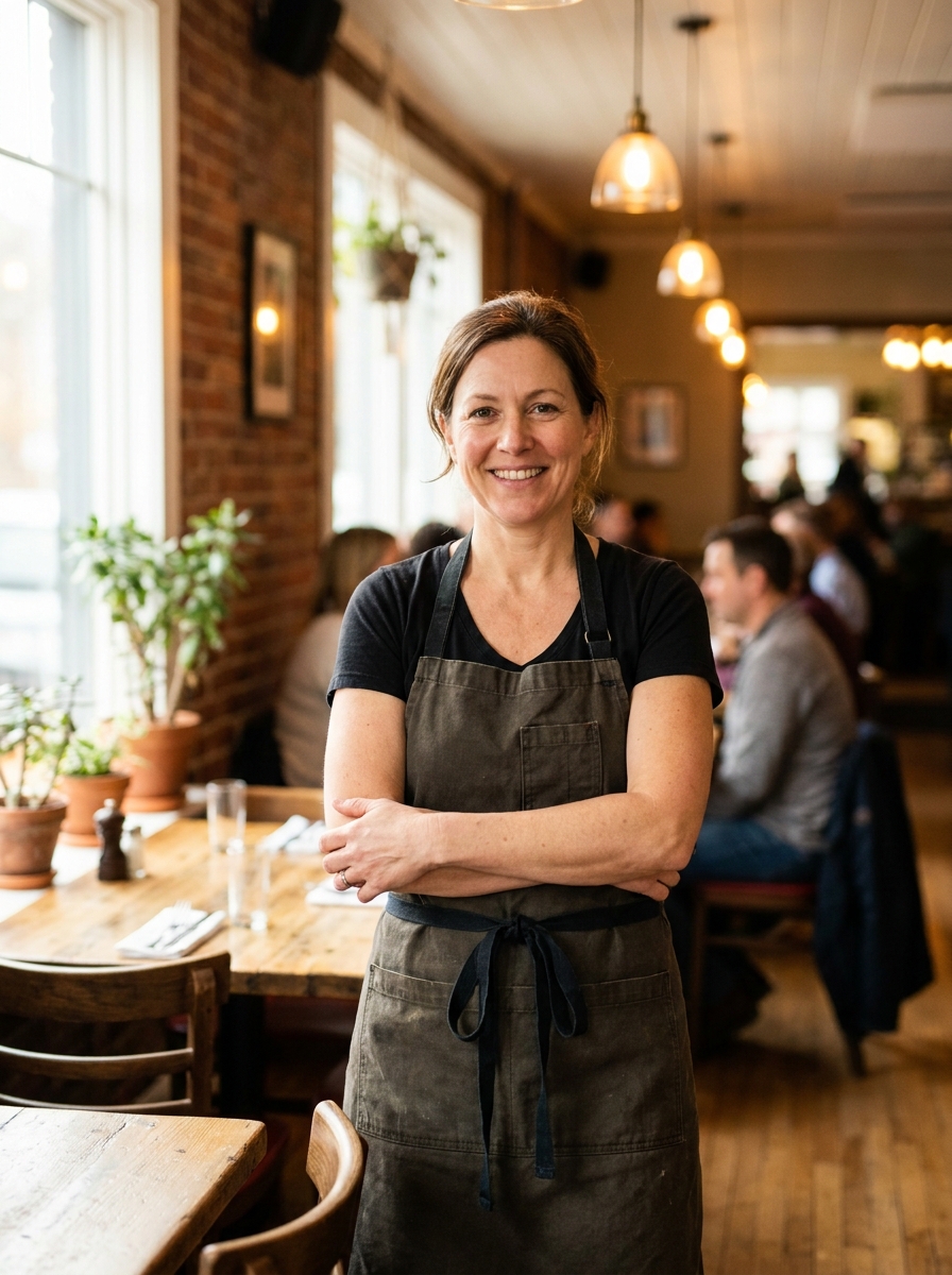 Independent restaurant owner in her dining room